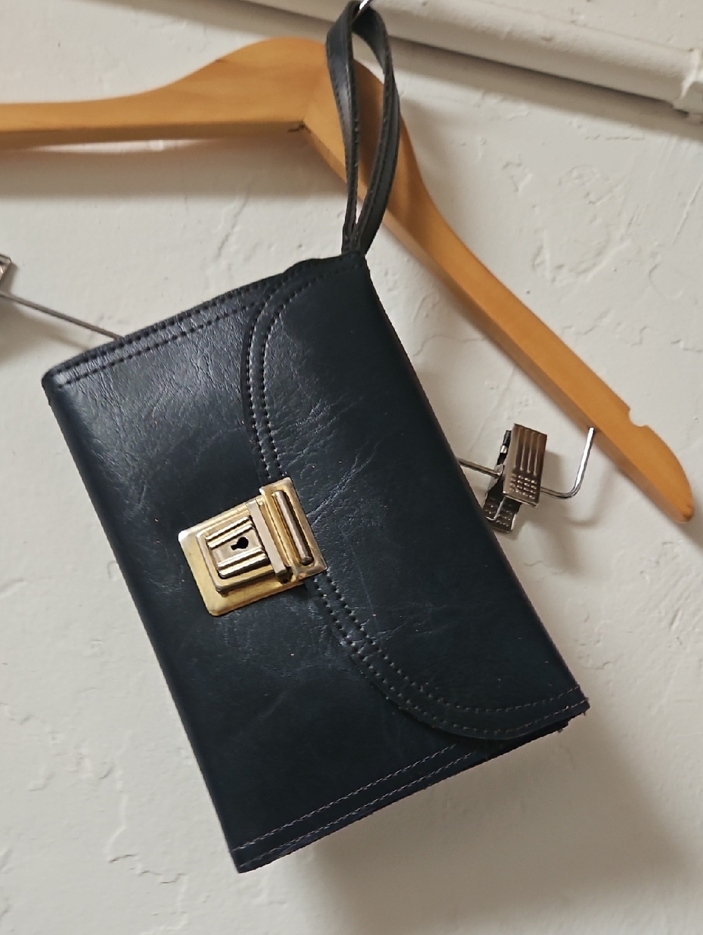 Classic  Vintage blue Leather Wristlet Clutch with Lock